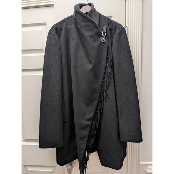 Lauren Ralph Lauren Cape Coat Women XXL Black Fringe Drape Wool Blend Mid Length - Picture 1 of 10